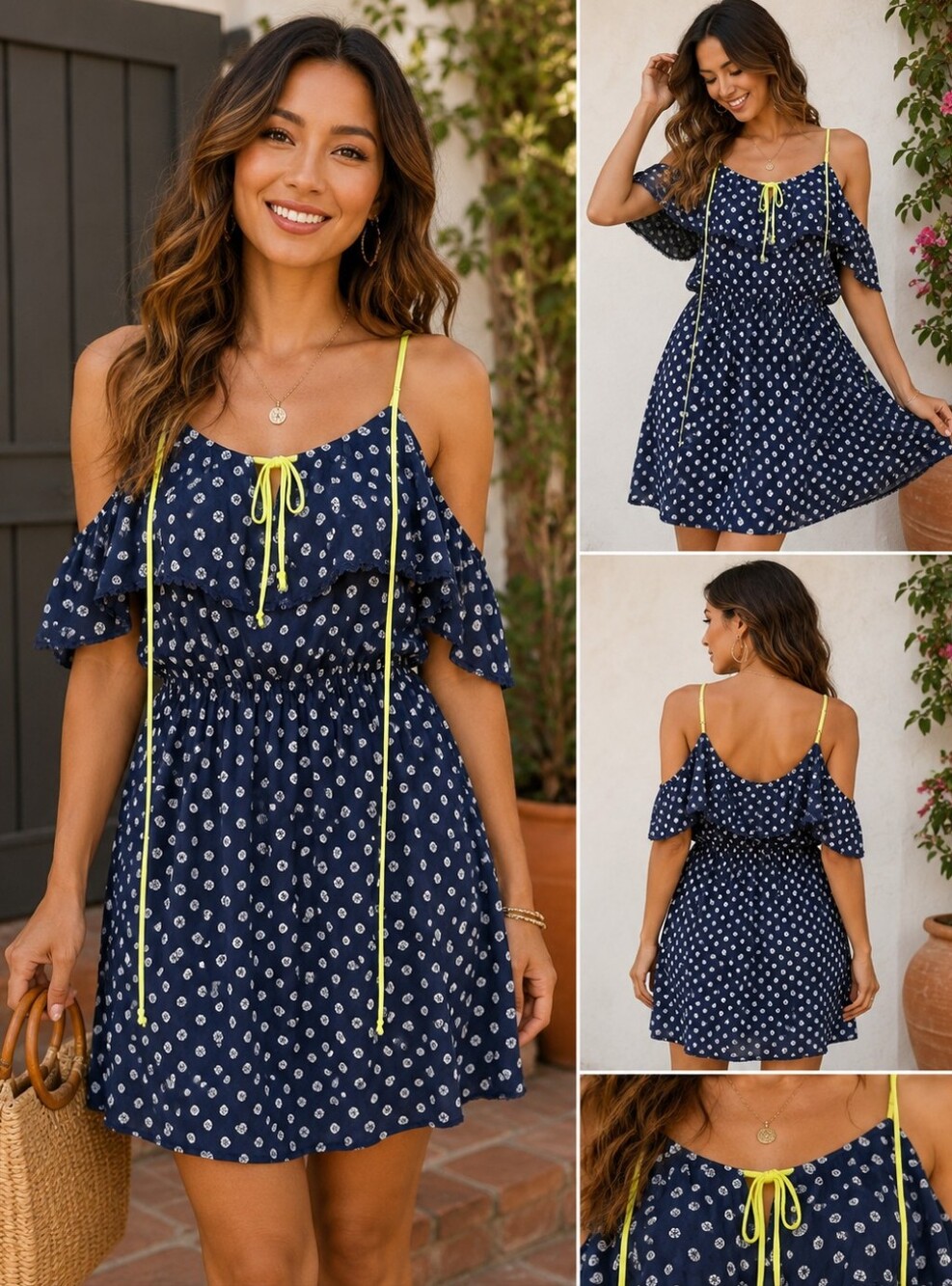 Xhilaration Navy Blue Polka Dot Cold Shoulder Dress Large